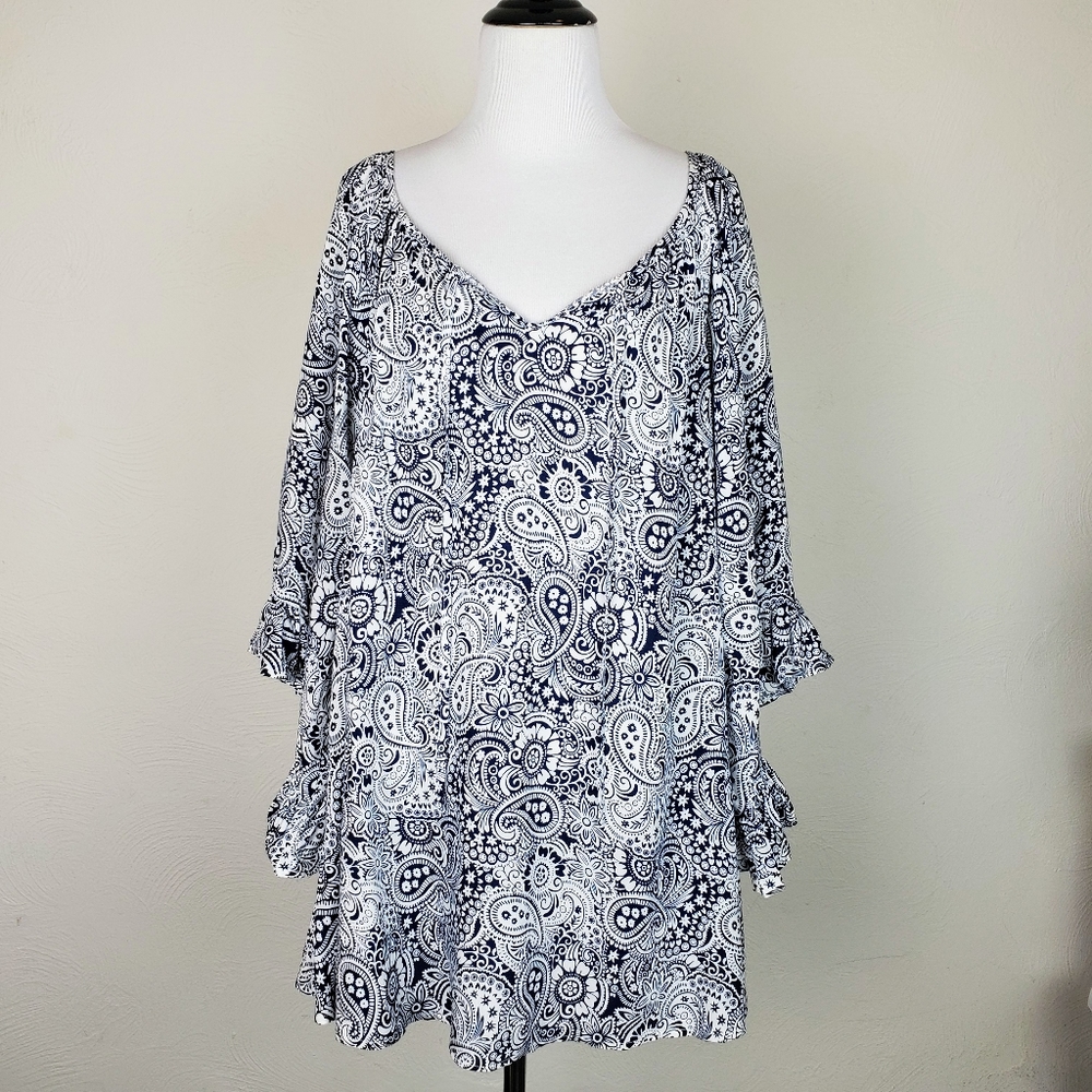 Papillon Tunic Dress Paisley Floral Ruffle Peasant Spring Summer Boho White Blue
